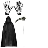 KUBDPQOR Disfraz Halloween Adulto Muerte con Capa, Guantes de Calavera y Guadaña Desmontable, 1 Set Completo