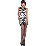 My Other Me - Disfraz Calavera Mujer, talla M-L. Incluye vestido corto, sin mangas, negro con lentejuelas y calaveras blancas estampadas. Brilla con un estilo macabro irresistible.