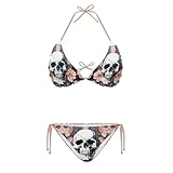 chaqlin Conjunto de bikini de cuerda para mujer, traje de baño de dos piezas, traje de baño triangular, Calavera de flores., XS