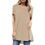Camiseta larga de manga corta con cuello redondo de talla grande blusa calavera ropa mujer, caqui, XXL