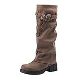 Generisch Botas occidentales para mujer, punta redonda, botas altas hasta la rodilla para mujer, botas de vaquero plegables con hebilla de caña larga, botas de ante altas botas góticas punk con