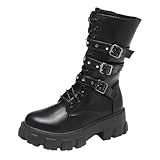 Botines para mujer con plataforma, punk, botines lacados, con tacón en bloque, punta redonda, media altura, botas de piel sintética, con cordones, con hebilla, modernas, largas, botas de moto, Negro