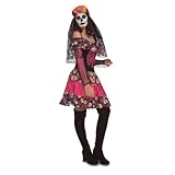 My Other Me - Disfraz Esqueleto mujer adulto, talla XL. Incluye vestido corto con falda estampada de calaveras, corset con huesos fucsia, mangas largas y escote con volantes florales.