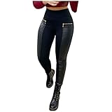 Generisch Mujeres de cuero de contraste cremallera cintura delgada pantalones de diseño falso alto, Negro , S
