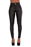 Glook Pantalón Mujer Cuero Negro Skinny Tiro Alto con Bolsillos Traseros - Moderno y Elegante (XS, Negro)