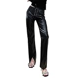 EMOTTOS Pantalones de Cuero para Mujer, Látex PU Pantalones Rectas de Cintura Media con Tirantes Ajustables, Elásticos Jeans con Bajos Divididos, Pantalon Ropa de Calle para Fiestas Club, Negro, L