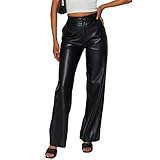 Pantalones de Cuero para Mujer, Cintura Alta, Pierna Recta, Casuales, de Cuero sintético, Acampanados, con botón Plateado
