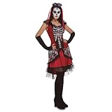 My Other Me - Disfraz esqueleto mujer, talla M-L. Incluye vestido rojo y negro con huesos decorados, mitones largos negros y tocado con flores. Inspirado en el Día de los Muertos con mucho estilo.