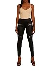 Crazy Lover Mujer Pantalón Cuero Cintura Media, Estilo Motero Bolsillos Cremallera Elástico Ajustado Push Up (XXL, Nero 3)