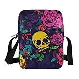 KLL Bolsas de mensajero de piel vegana con diseño de calavera de rosa de colores para mujer, bolsa cruzada de viaje para hombre