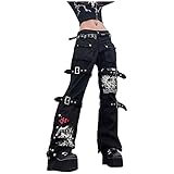 IQYU Pantalones punk para mujer, cintura baja, pantalones cargo holgados, pantalones góticos punk, góticos, cráneos, adolescentes, niñas, vaqueros, tendencia, hip hop, pantalones Grunge E-Girl Ropa