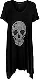 WearAll - Mujer Camiseta Calavera Caída Detalle en Lentejuelas Manga Corta - Negro - 54-56