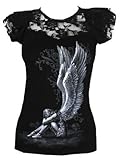 Spiral - Enslaved Angel - Camiseta con Mangas de Casquillo - Capas de Encaje en los Hombros - Negro - XL