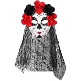 Máscara De Calavera De Azúcar del Día De Los Muertos con Velo Y De Rosas, Máscara De Encaje Mexicana del Día De Los Muertos para Disfraz De Halloween, Fiesta De Cosplay