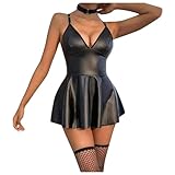 2025 Mujer Seductor PU Arnés Lencería Vestido de Lencería con Tirantes Ajustables Falda de Cuero Sintético para Mujer Lencería Sexy Corsés, Negro , M
