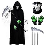 XiLayNeen Disfraz Muerte Adulto Halloween Disfraz de Parca Grim Reaper Costume,Conjunto de Disfraces de Reaper Incluye Capa de Muerte,Máscara de Calavera,Guantes,Guadaña para Halloween Carnaval