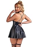 ohyeahlady Vestido Sexy Mujer Corto De Cuero Tallas Grandes Vestidos de Fiesta Elegantes Mini Vestito Sexy Club sin Mangas Ropa Lenceria Hot Trajes Vestir Conjunto Wetlook Ajustado Cóctel Negro,XXL