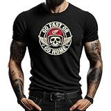 Camiseta Negra Go Fast or Go Home con Diseño de Calavera y Casco - Estilo Biker, Vintage, Manga Corta para Hombre (FR/ES, Letras, XL, Regular, Regular, Negro)
