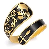 Dreamtimes Skull Rings Vintage Acero Inoxidable Calavera Gótico Punk Rocker Party Biker Declaración Anillo Halloween Calavera Gótico Anillo Ajustable Anillo Flor Rosa Declaración para Mujeres (Oro)