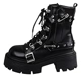 Plataforma gruesa gótica de las mujeres cuñas Botas de tobillo con cadena Corazón remache Punk Botas de motocicleta de la mitad de la ternera Cuñas de cremallera del dedo del pie redondo Tacones