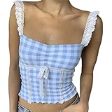 Camiseta Calaveras Mujer mujer, escote cuadrado, ribete de encaje, camiseta sin mangas de cuadros vichy, camisa con tirantes finos, top tipo corsé para salir Mujer Invierno Rebajas Rojo (Blue, L)