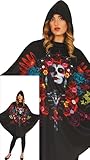 FIESTAS GUIRCA Disfraz de Poncho Día de los Muertos para Mujer - Poncho Negro con Estampado de Calaveras - Disfraces de Halloween para Mujer Talla L