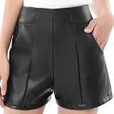 Everbellus Mujeres Cintura Alta Leggins Cuero Pantalones Cortos con Bolsillos y Pernera Ancha Negro Small