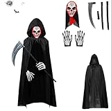 Gxlaihly Disfraz de Parca para Niño, Halloween disfraz la muerte,con Capucha, Máscara de Calavera, Guantes, Guadaña,Disfraz de parca,Conjunto de Disfraces de Reaper de Halloween (Niño-C)