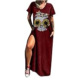VIVICOLOR Vestido Maxi de Calavera de Cuello en V para Mujeres, Estampado de Calavera de Rosa Suelta de Mujeres