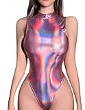 ROSVAJFY Body Mujer Cuero con Cremallera Trasera Sin Mangas Sexy Lencería Charol Ropa Interior Bodysuit Babydoll Mono Metálico Brillante Traje Baño Pijama Disfraz Juego Rol Clubwear Rosa
