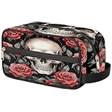 Neceser portátil de viaje con diseño de calavera de flores de rosas y esqueletos florales, organizador de maquillaje, bolsa de lavado, bolsa de aseo grande, estuche de cosméticos para mujeres,