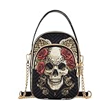 Mnsruu Bolso bandolera de piel para mujer, diseño de calavera de azúcar, con alas y rosas, color negro
