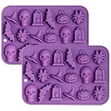 Paquete de 2 moldes de silicona para Chocolate de Halloween, Silicona Molde de Dulces, araña, murciélago, lápida, Calavera, Cabeza, Sombrero de Bruja para Hacer Chocolate de Halloween,Dulces(Morado）