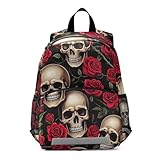 RPLIFE Mochila vintage con diseño de calaveras y rosas rojas para niñas pequeñas con correa, mochila escolar para niños, mini bolsa de viaje