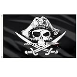 AhfuLife Bandera Pirata 3x5 ft, Bandera Pirata Grande con Cráneo y Navaja Cruzada, Bandera con Calavera de Poliéster con 2 Ojales Impermeable para Fiesta Pirata Decoración de Halloween (1pcs)