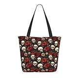 Bolsa de mano con estampado de calavera de rosa roja para mujer, bolsa de hombro grande con cierre, bolsos para el trabajo y viajes