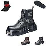 Kirposh Botines góticos punk for hombre, botines de combate con cordones y cremallera lateral, botas de plataforma de cuero, antideslizantes y con aumento de altura.(Black,40 EU)