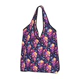 Bolsas de compras reutilizables con estampado de calavera colorida, 1 bolsa plegable con asas