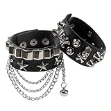 Fenglin-joy Punk Pulsera,2Pcs Pulseras de Punk de Cuero,Rock Brazalete Set, Negro pulseras de piel sintética punk para Hombres Mujeres Tamaño Ajustable