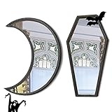 2 piezas de espejo decorativo de Halloween con forma de luna, espejo decorativo para ataúd, espejo gótico espeluznante, decoración de pared negra, para decoración de interior de Halloween