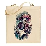 FRIKI FACTORIA Bolsa de tela Tote bag Calavera – Guitarrista mariachi con guitarra eléctrica a color