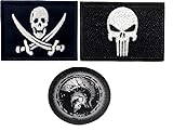 3 Parches Bandera Punisher, Escudo Espartano Calavera con Espada Pirata, 100% Bordado, velcro