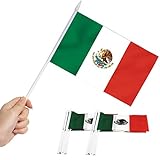 Anley Bandera de Palo de México, Bandera Mexicana de 5x8 Pulgadas (12 x 20 cm) con Mini asa de Mano con Poste sólido Blanco de 12 '(30 cm) - Color Vivo y Resistente a la decoloración - Banderas