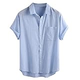 Yue668 Camiseta de manga corta con cuello de algodón y lino de color liso para hombre, camisa de verano sólida para hombre, manga corta, cuello alto, camisa de manga corta