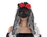 ATOSA máscara calavera negra con flores y velo para catrina elegante