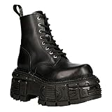 Botas Unisex New Rock M-MILI084N-S5 de 100% Cuero Genuino Techno Negro Metalizado con Plataforma y Cierre con Cordones Estilo Militar 9