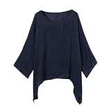 VEMOW Blusas Mujer Tops Damas de Mujer Camisetas Casual Talla Grande Algodón Lino Suelto Blusas de Color sólido Camisa(Armada,5XL)