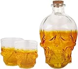 Licorera cristal calavera con 2 vasos de chupito Jarra de cristal con corcho para whisky Decantador calavera cristal decorativa de 850ml