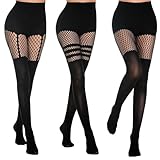 GIEEU 3 pares de medias de liguero, medias negras de malla, medias de rayas de cintura alta, medias atractivas de malla opaca para mujer, para fiestas diarias, cosplay y discotecas, Negro , Talla