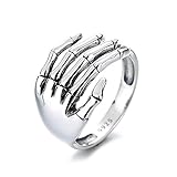 Anillo vintage de plata de ley S925 con diseño de calavera para mujeres, niñas y hombres, ajustable, expandible, gótico, garras del diablo, dedo de cola pequeña, anillos de meñique, joyería unisex de
